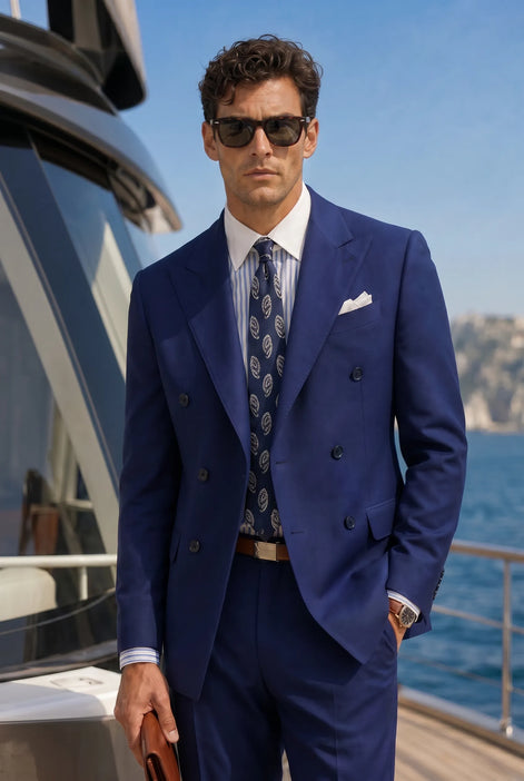 Ink Crownline royal blue double-breasted suit three-quarter yacht view