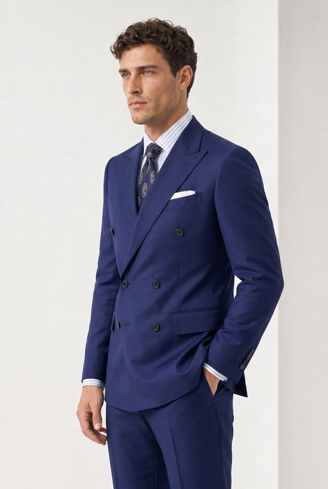 Ink Crownline royal blue double-breasted suit three-quarter studio view