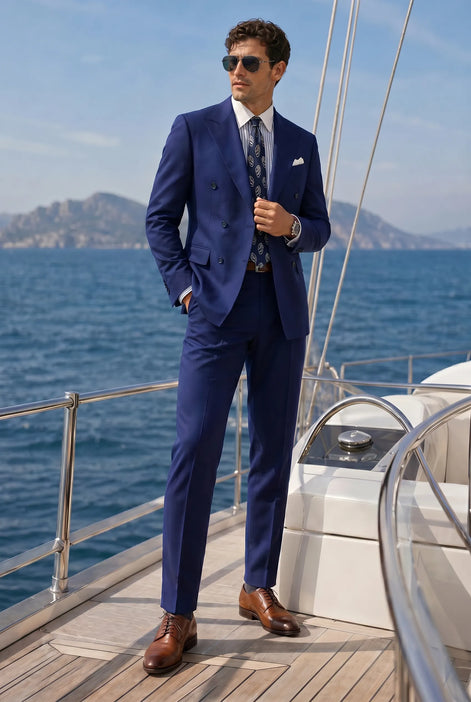 Ink Crownline royal blue double-breasted suit worn on a yacht