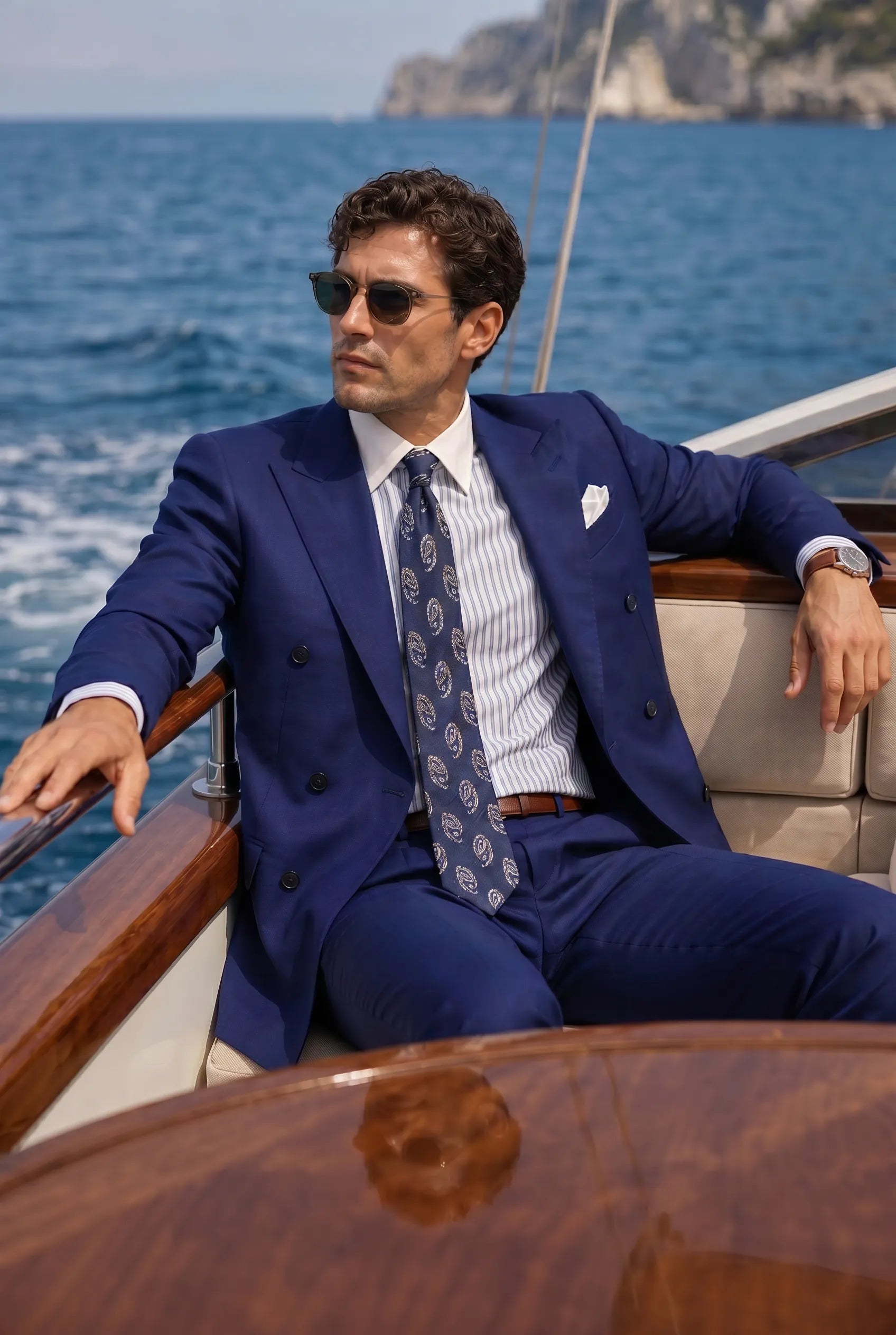 Ink Crownline royal blue 2-piece suit seated on a yacht