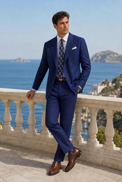 Ink Crownline royal blue double-breasted suit at a coastal terrace