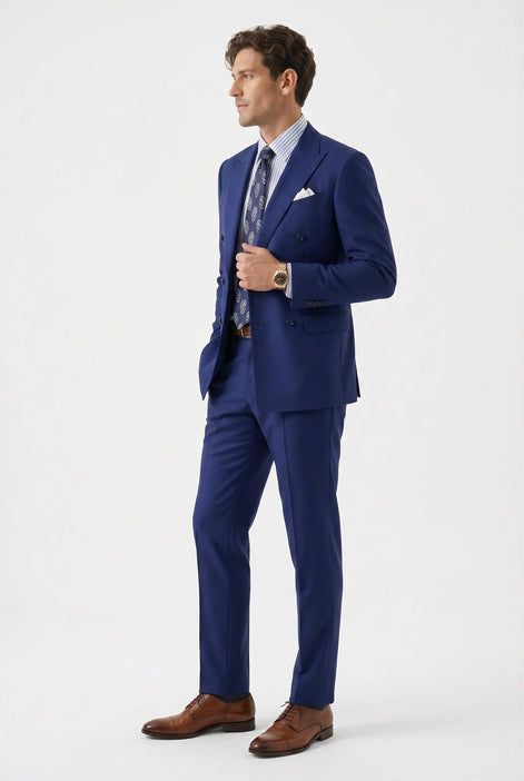 Ink Crownline royal blue double-breasted suit side profile studio view