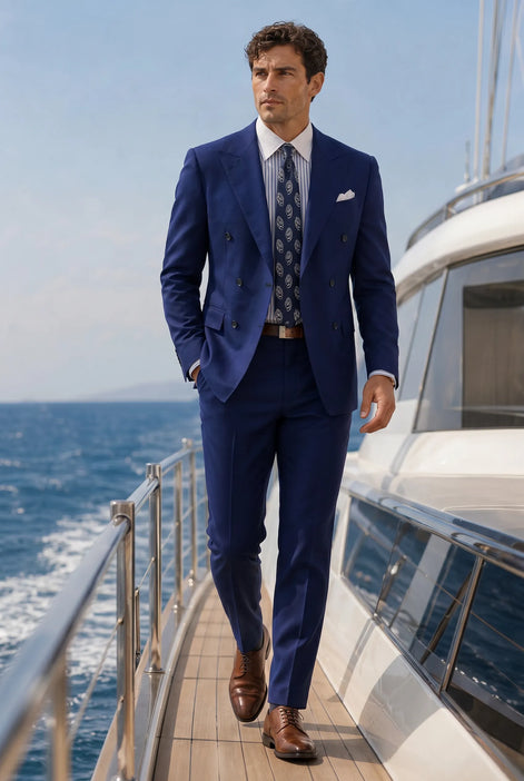 Ink Crownline royal blue 2-piece suit walking on a yacht