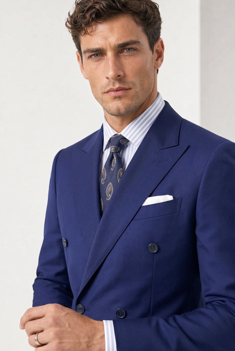 Ink Crownline royal blue peak lapel suit upper-body studio portrait