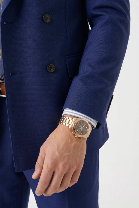 Ink Crownline royal blue double-breasted button and sleeve detail