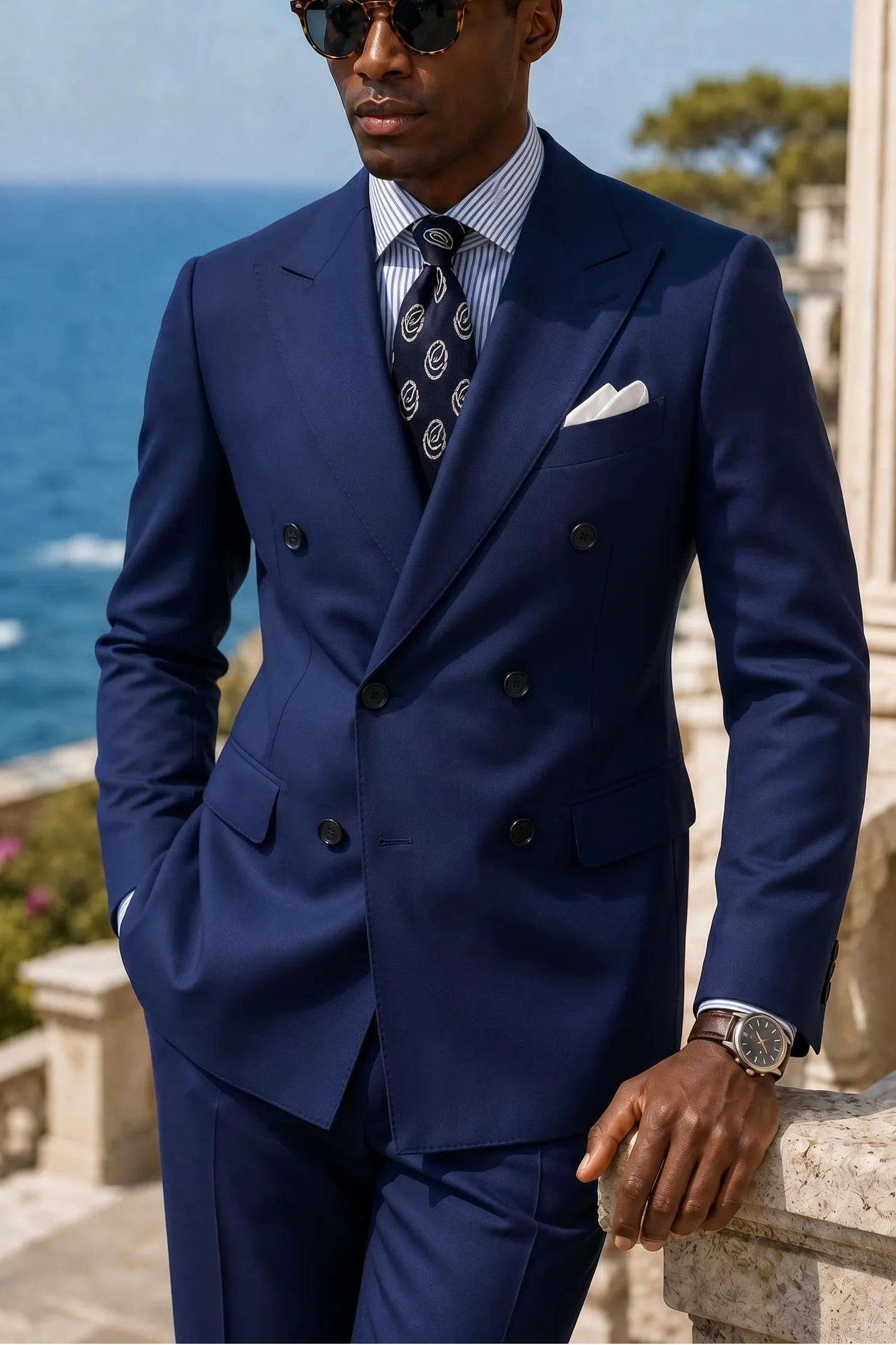 Ink Crownline royal blue double-breasted jacket with peak lapels outdoors