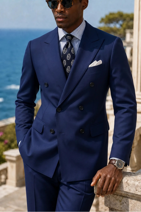 Ink Crownline royal blue double-breasted jacket with peak lapels outdoors