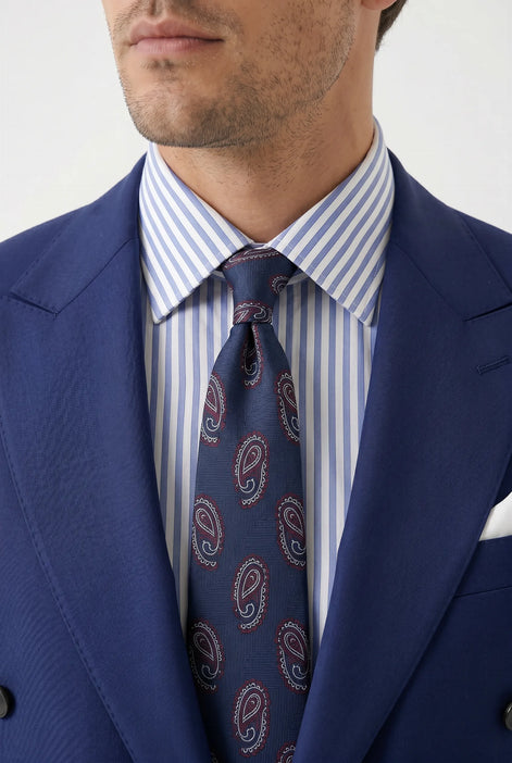 Ink Crownline royal blue peak lapel and tie styling detail