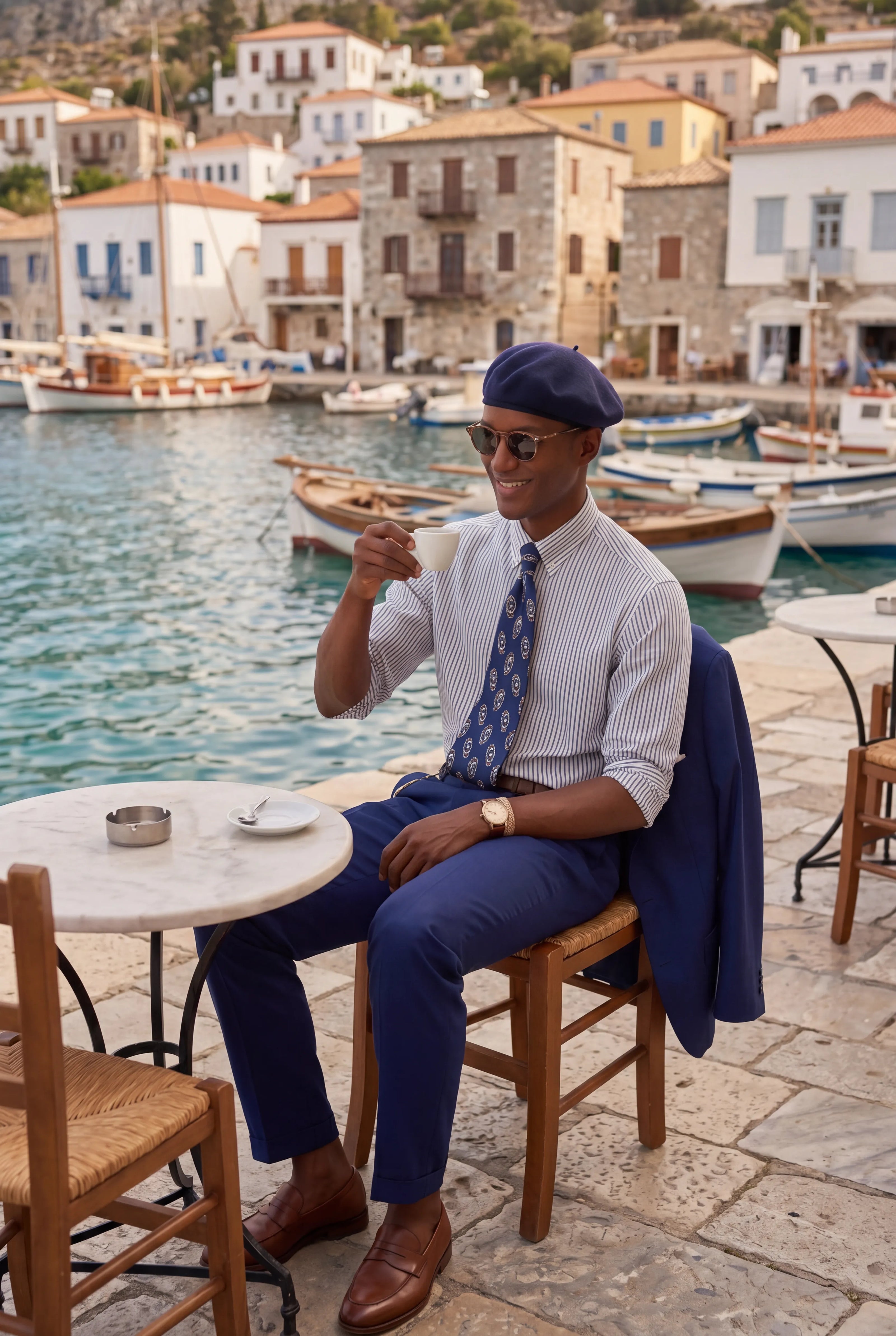 Ink Crownline royal blue suit trousers with matching jacket at a waterfront cafe