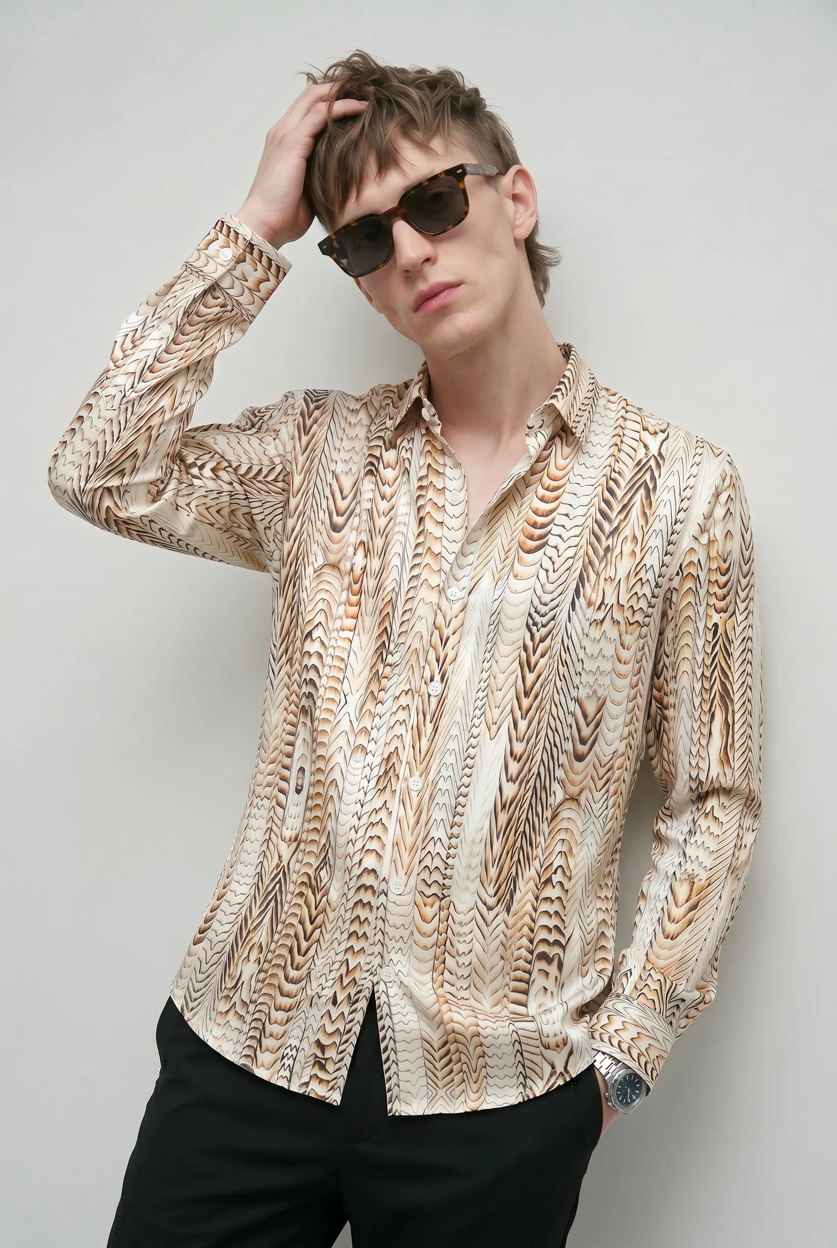 Saffron Note - Patterned Gold Mercerized Cotton Shirt