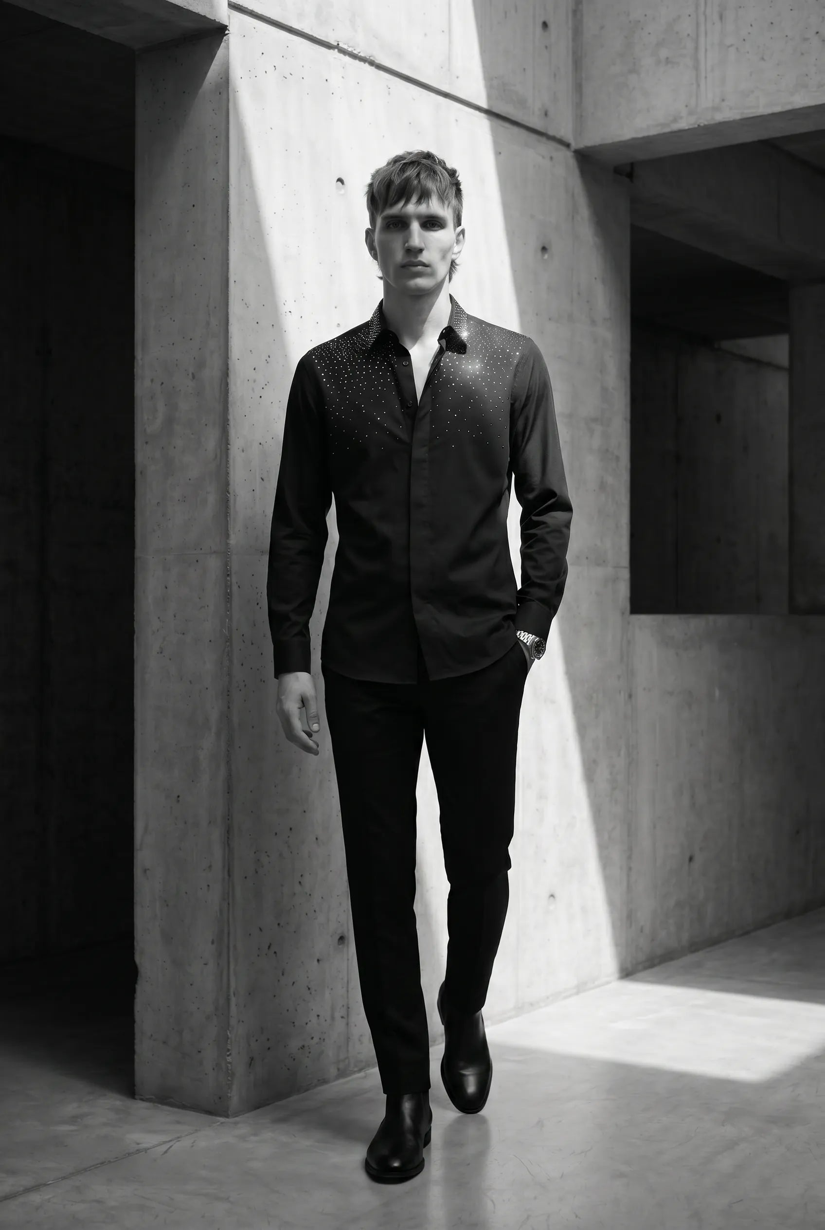Glint Note - Black Crystal Studded Mercerized Cotton Shirt