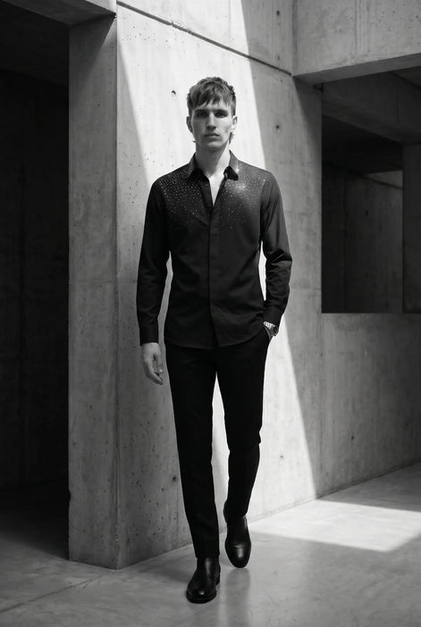Glint Note - Black Crystal Studded Mercerized Cotton Shirt