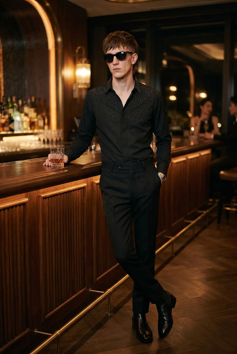 Glint Note - Black Crystal Studded Mercerized Cotton Shirt
