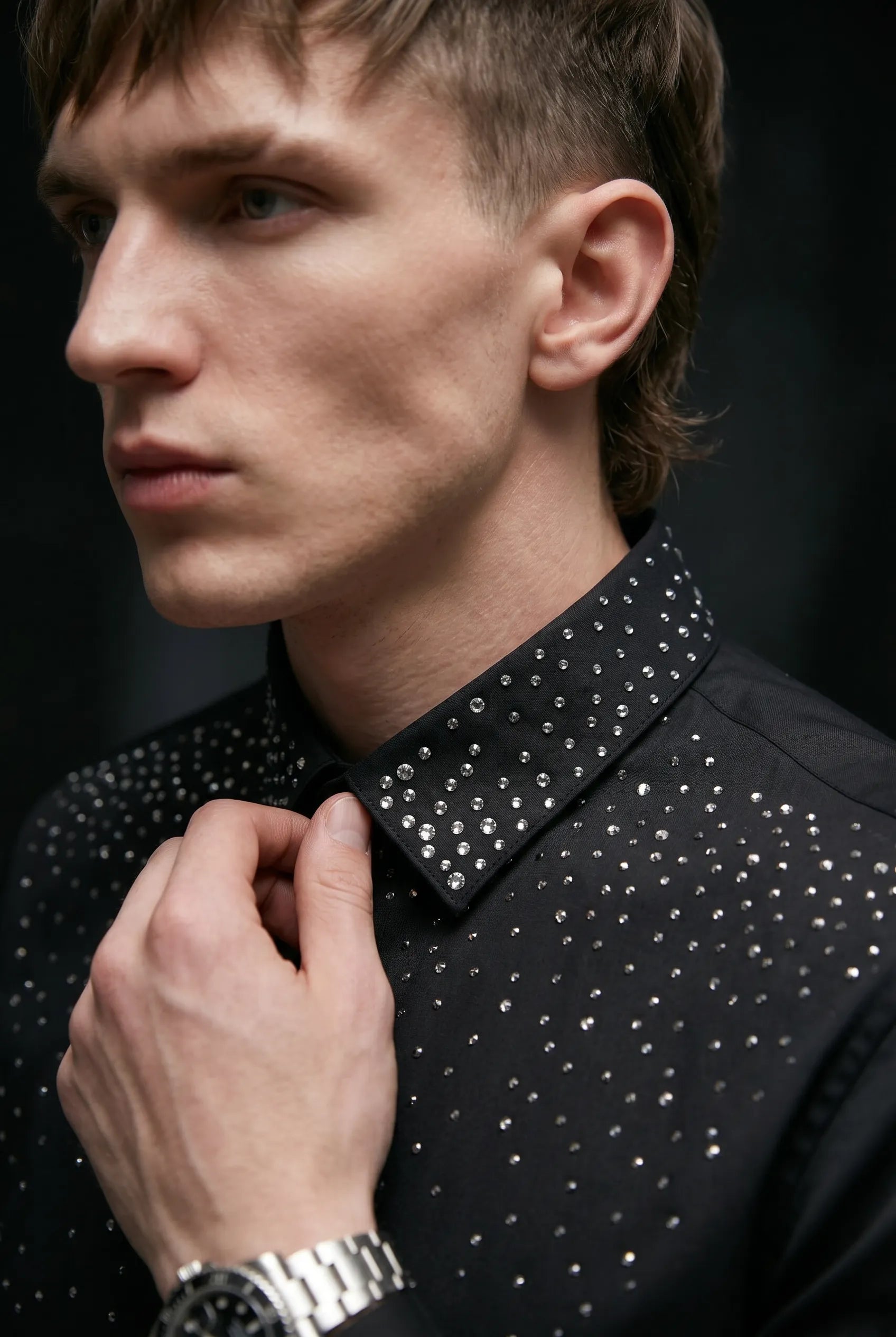 Glint Note - Black Crystal Studded Mercerized Cotton Shirt
