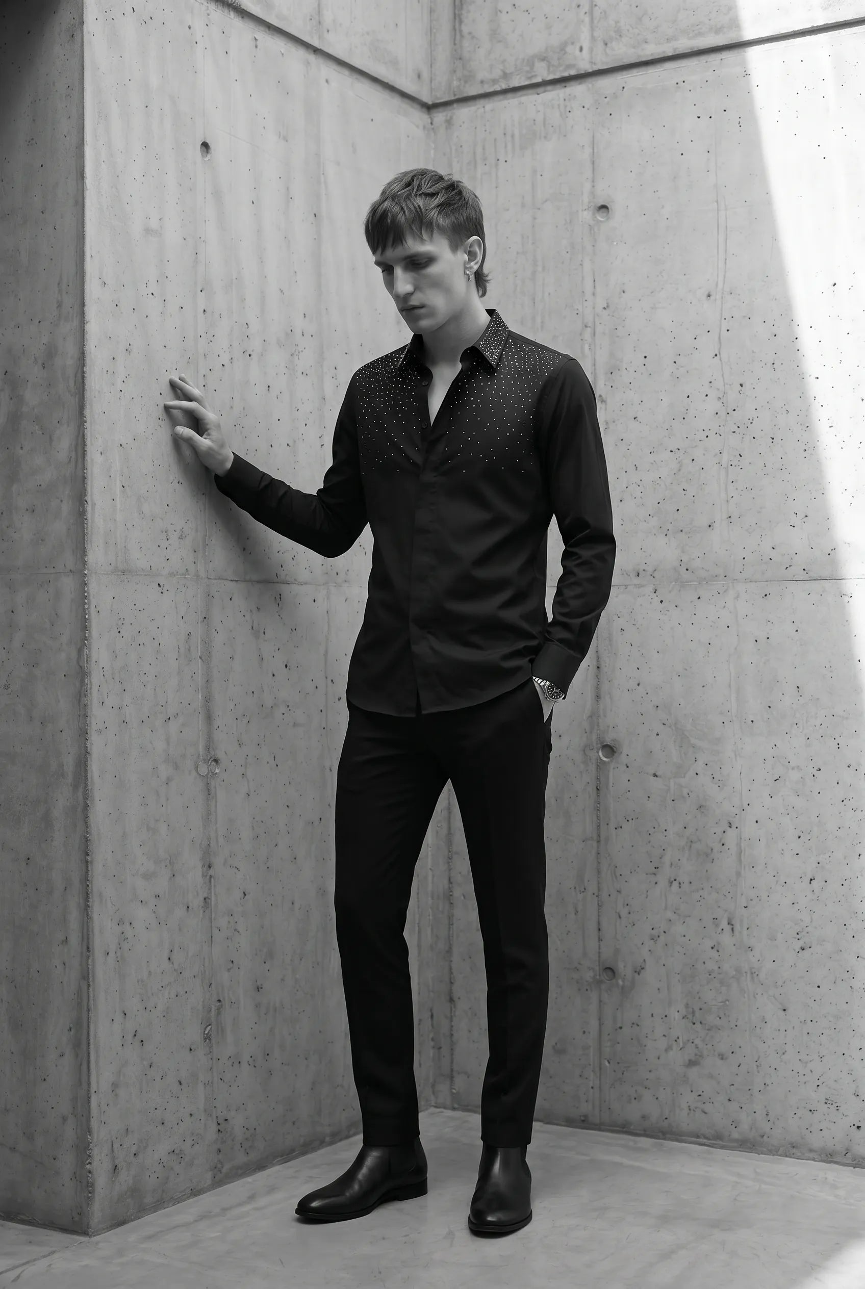 Glint Note - Black Crystal Studded Mercerized Cotton Shirt
