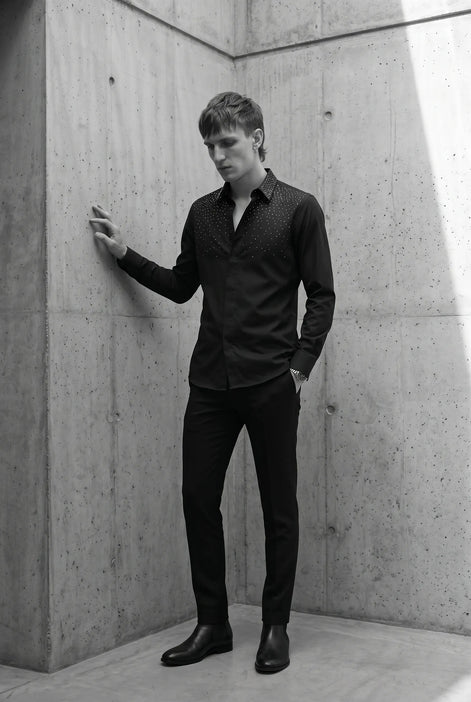 Glint Note - Black Crystal Studded Mercerized Cotton Shirt