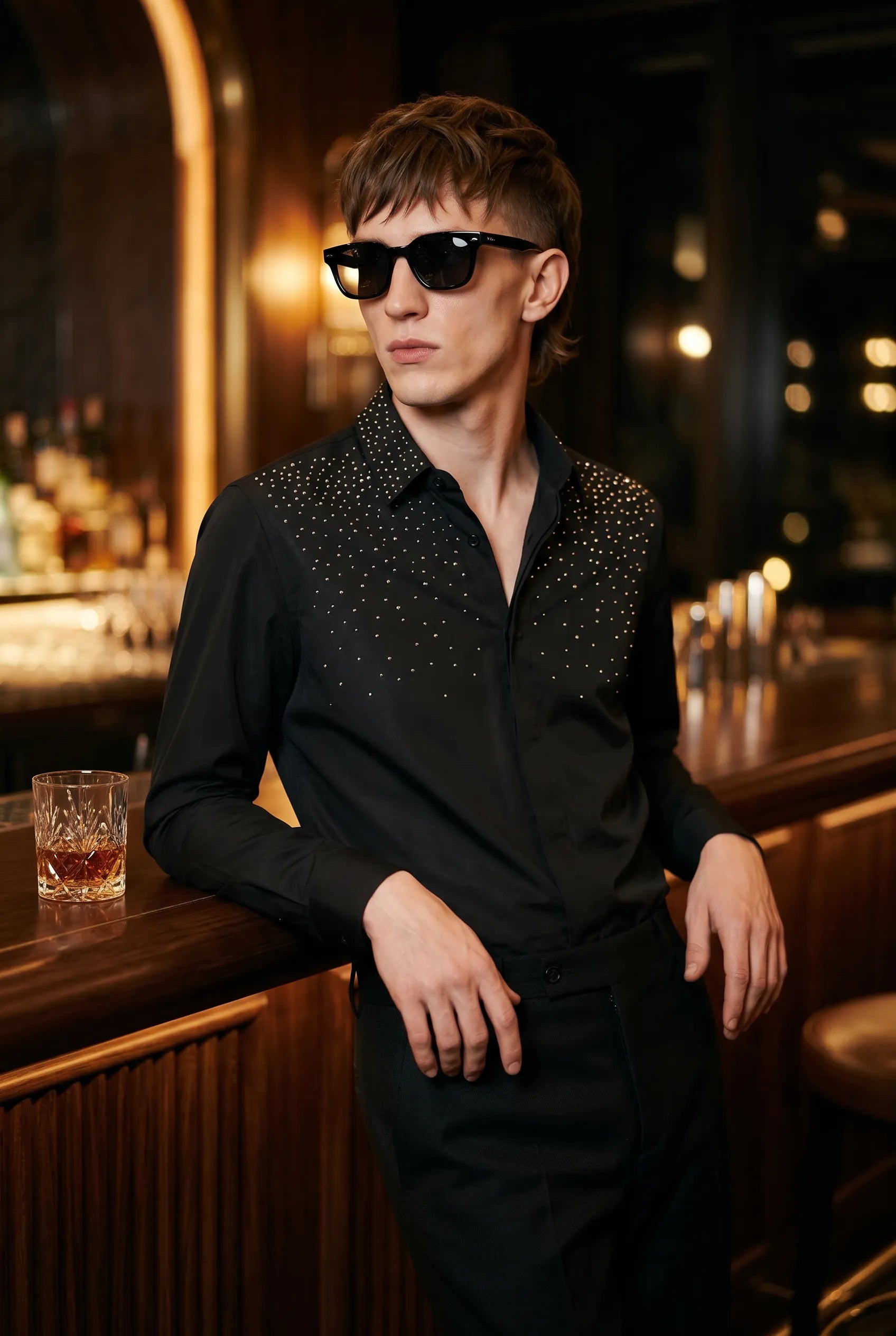 Glint Note - Black Crystal Studded Mercerized Cotton Shirt