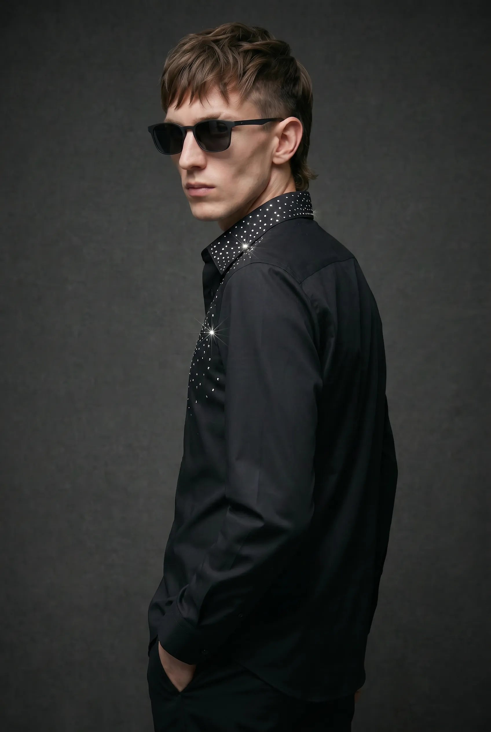 Glint Note - Black Crystal Studded Mercerized Cotton Shirt