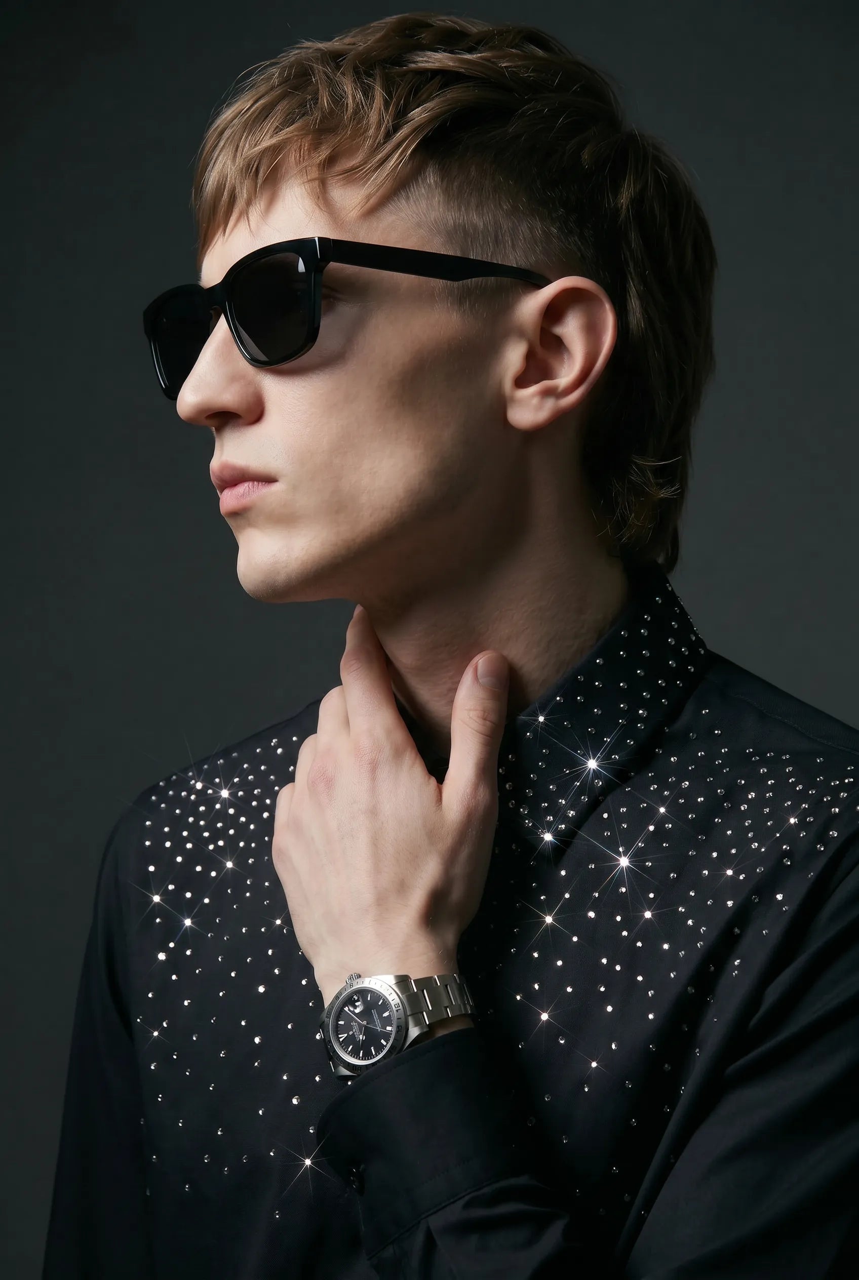 Glint Note - Black Crystal Studded Mercerized Cotton Shirt