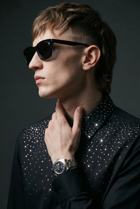 Glint Note - Black Crystal Studded Mercerized Cotton Shirt