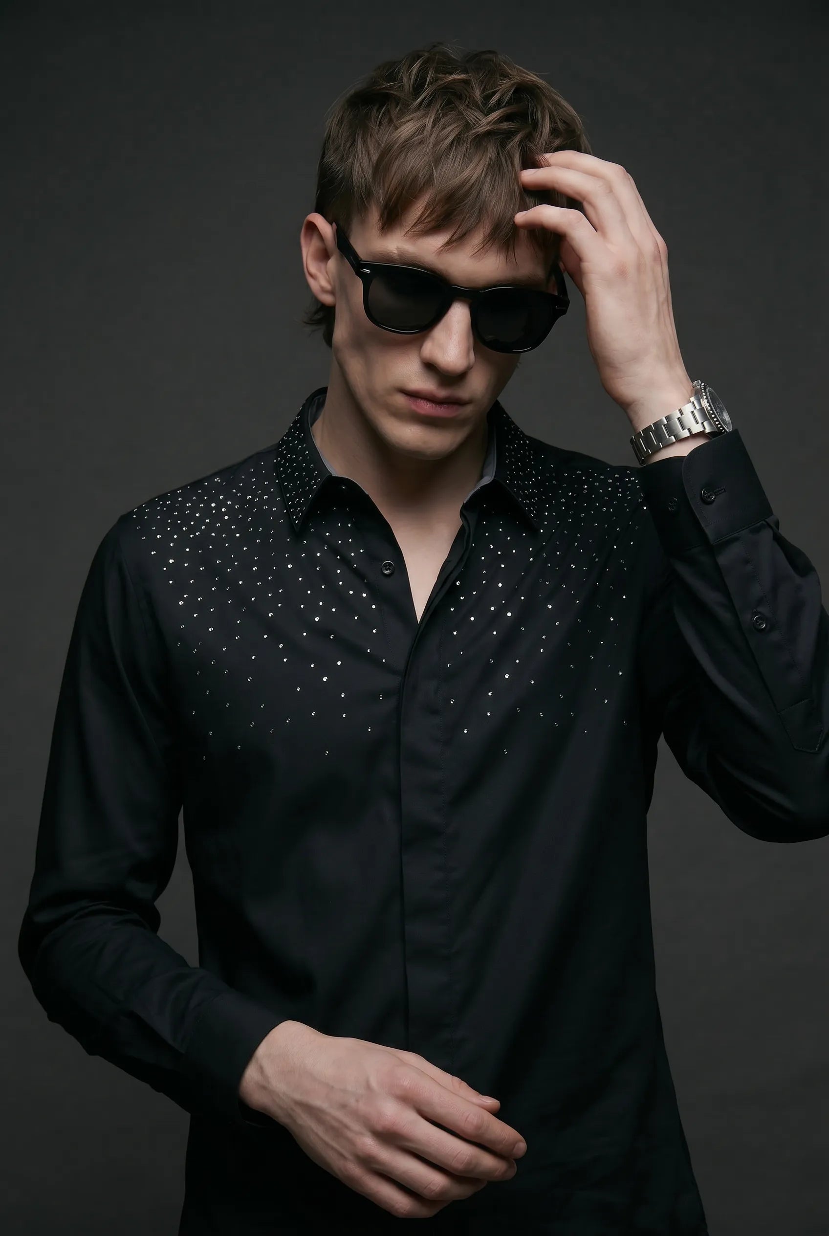 Glint Note - Black Crystal Studded Mercerized Cotton Shirt