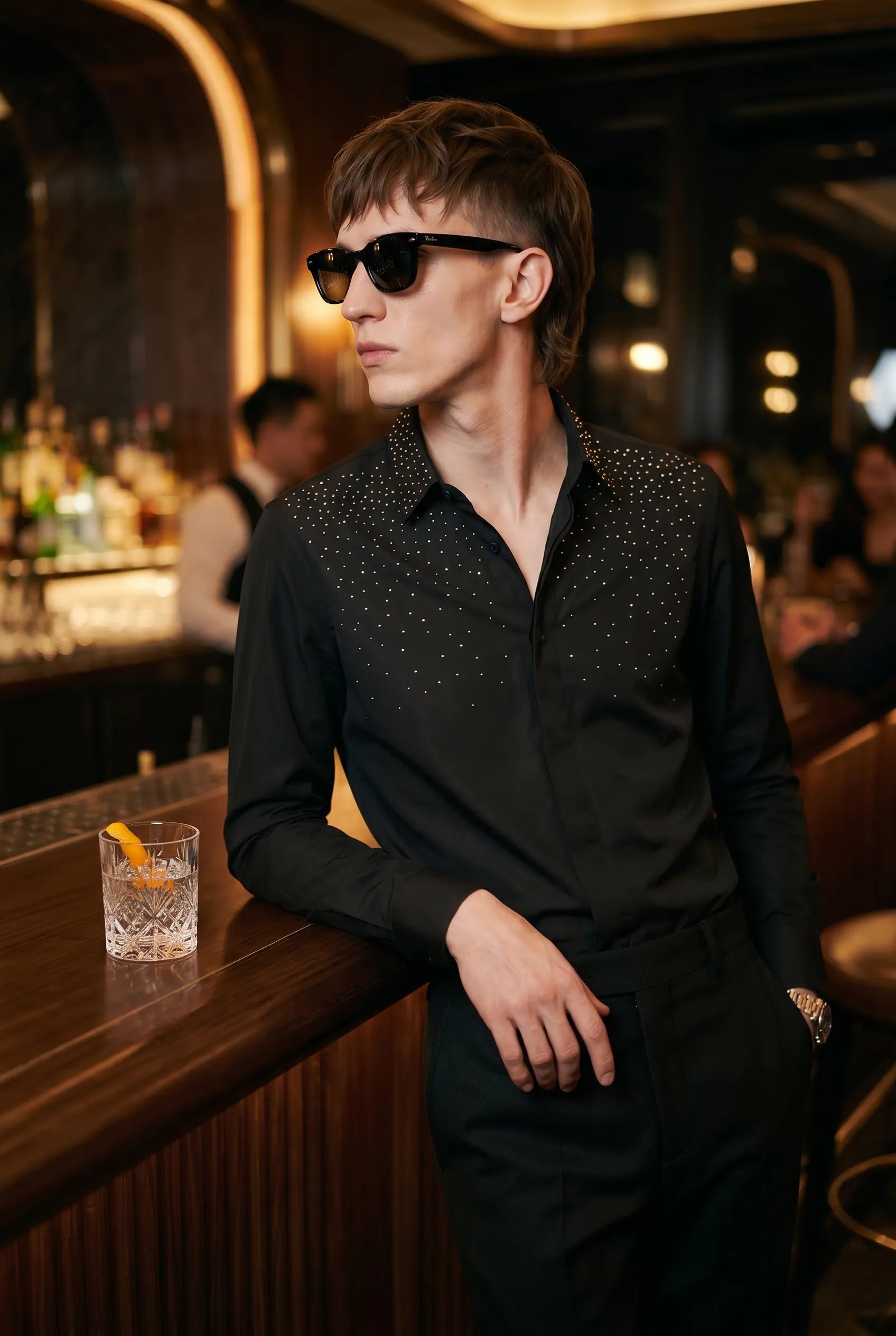 Glint Note - Black Crystal Studded Mercerized Cotton Shirt