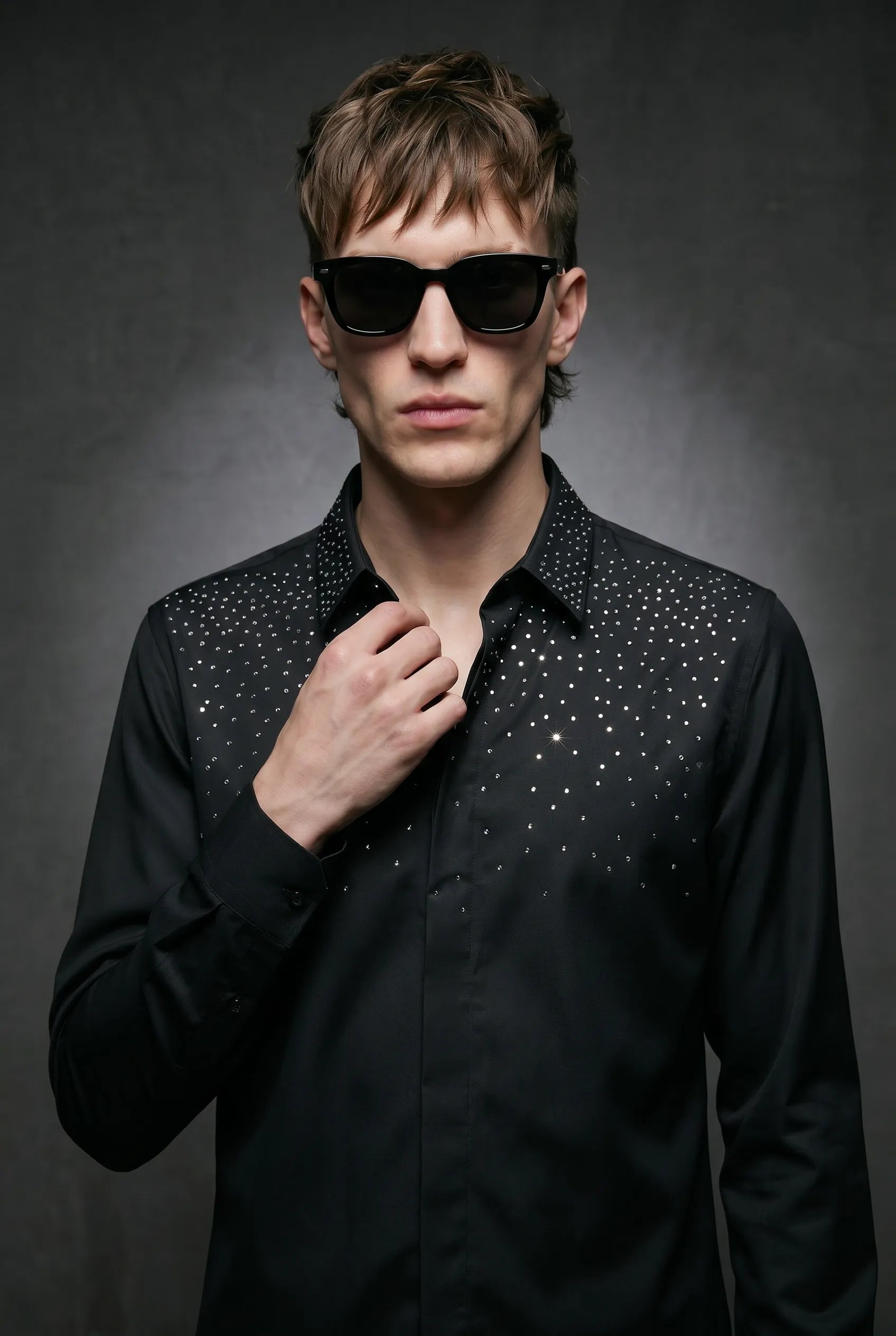 Glint Note - Black Crystal Studded Mercerized Cotton Shirt