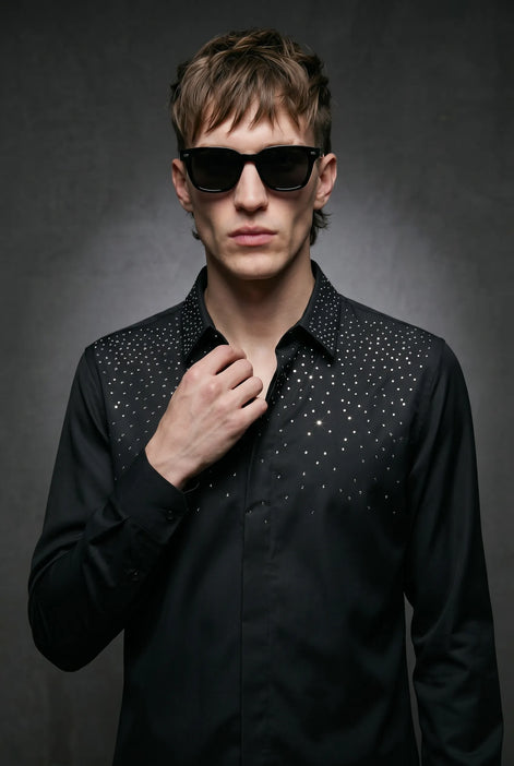 Glint Note - Black Crystal Studded Mercerized Cotton Shirt