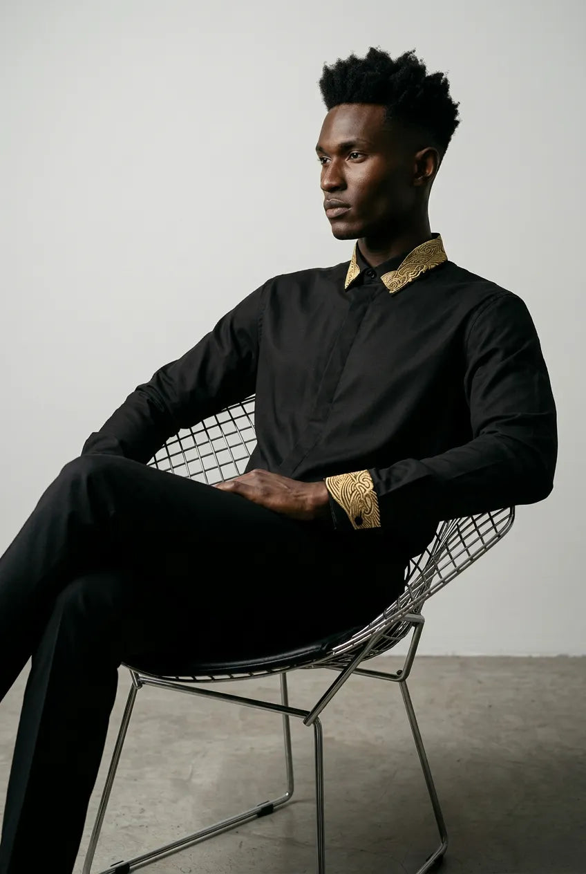 Sirocco Note - Gold Embroidered Collar Cotton Shirt