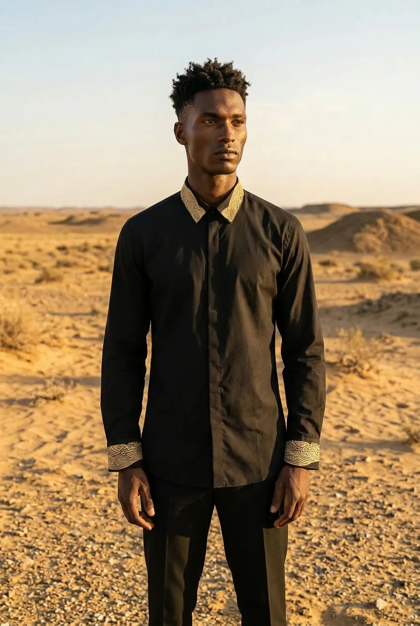 Sirocco Note - Gold Embroidered Collar Cotton Shirt