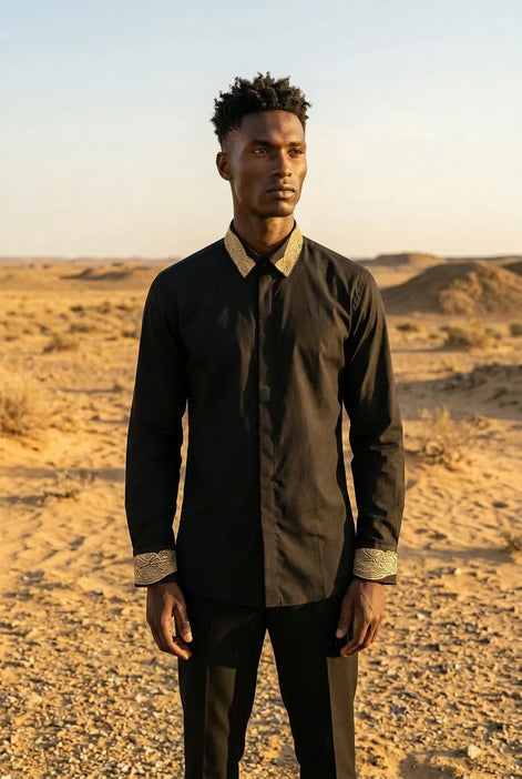 Sirocco Note - Gold Embroidered Collar Cotton Shirt