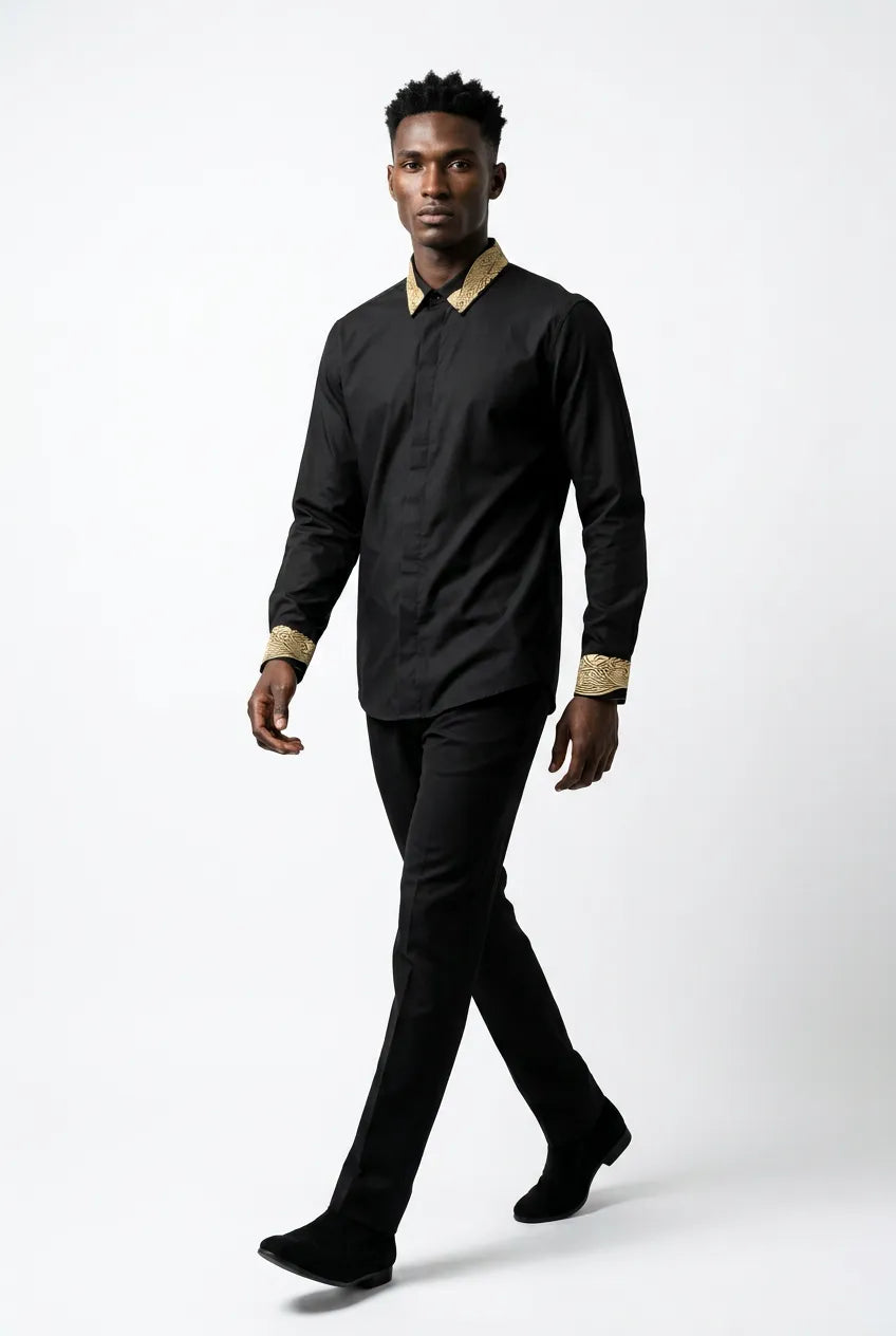 Sirocco Note - Gold Embroidered Collar Cotton Shirt