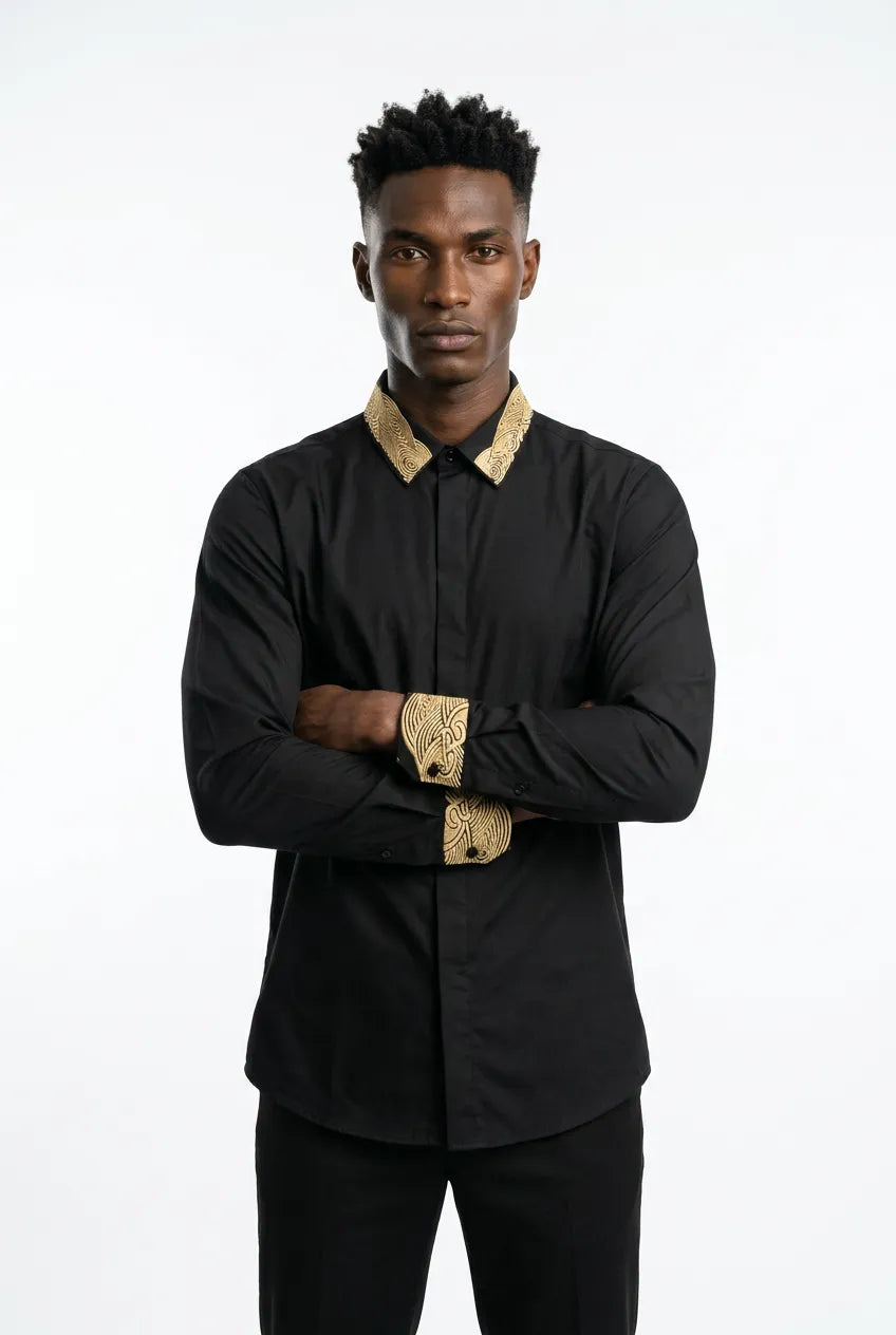 Sirocco Note - Gold Embroidered Collar Cotton Shirt