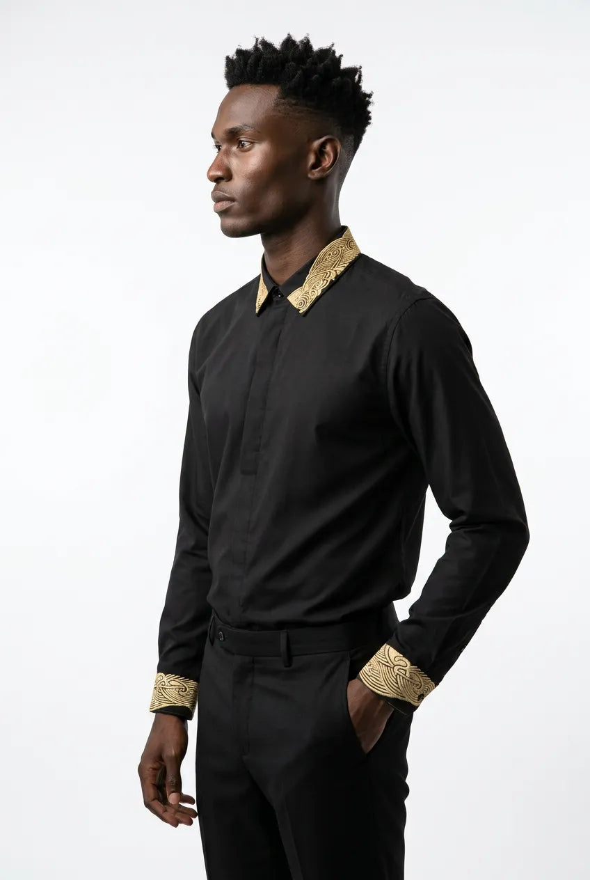 Sirocco Note - Gold Embroidered Collar Cotton Shirt