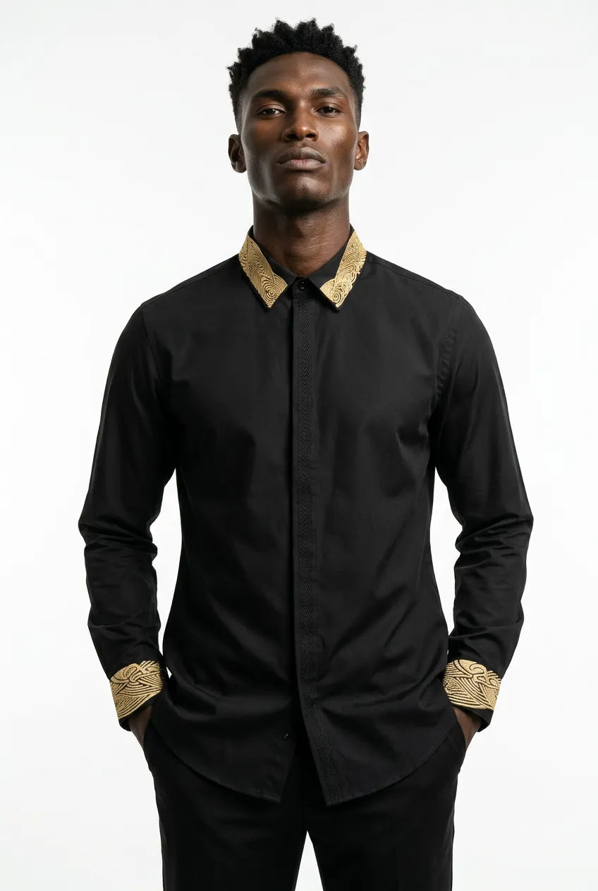 Sirocco Note - Gold Embroidered Collar Cotton Shirt