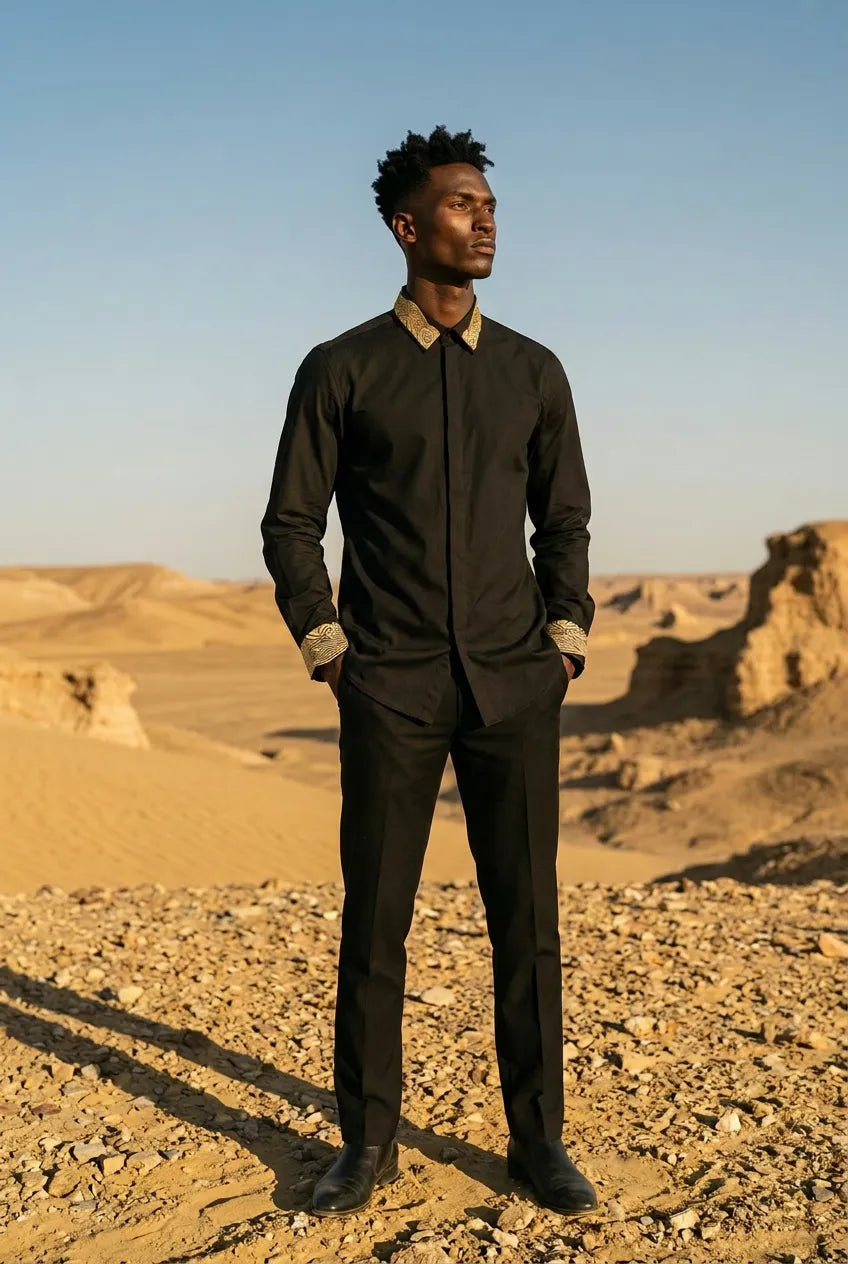 Sirocco Note - Gold Embroidered Collar Cotton Shirt