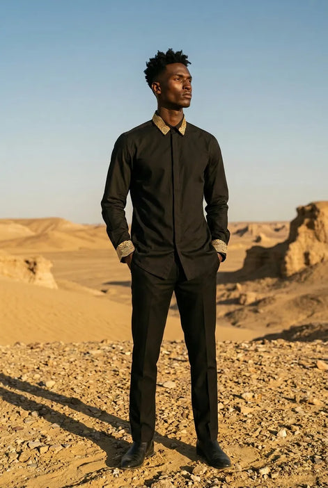 Sirocco Note - Gold Embroidered Collar Cotton Shirt