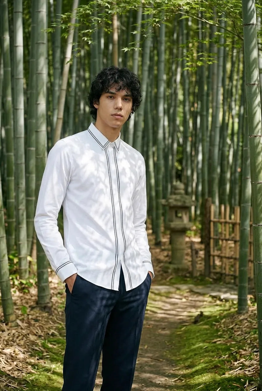 Alpine Note - Piped White Mercerized Cotton Shirt