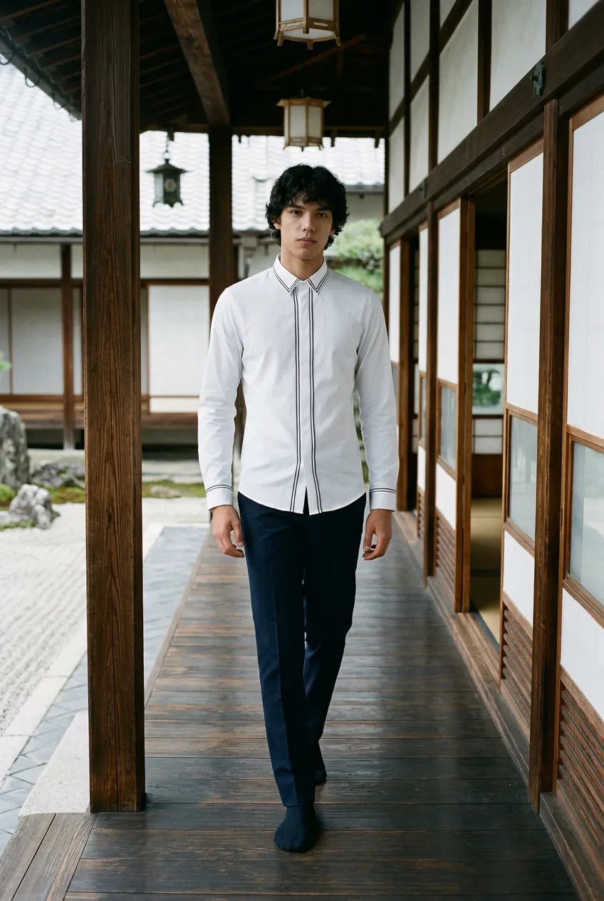 Alpine Note - Piped White Mercerized Cotton Shirt