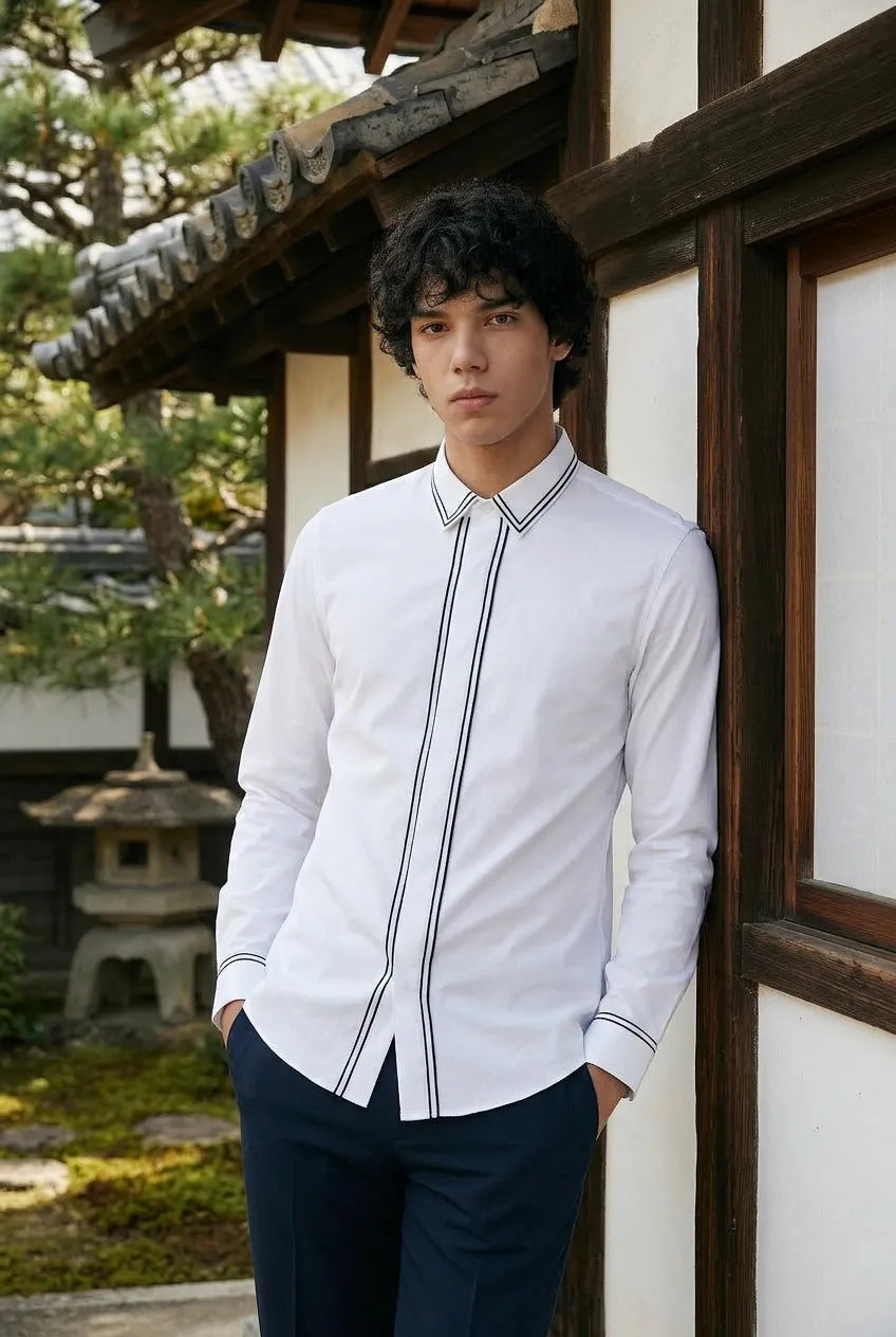 Alpine Note - Piped White Mercerized Cotton Shirt