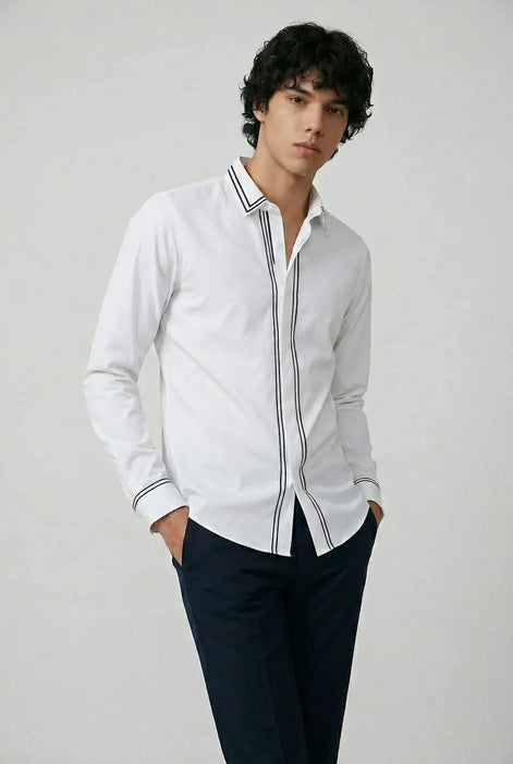 Alpine Note - Piped White Mercerized Cotton Shirt