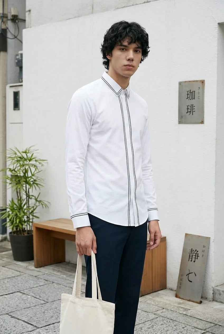 Alpine Note - Piped White Mercerized Cotton Shirt