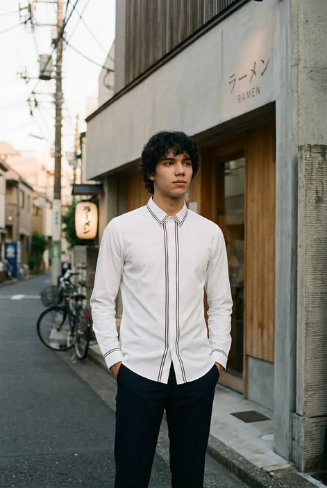 Alpine Note - Piped White Mercerized Cotton Shirt