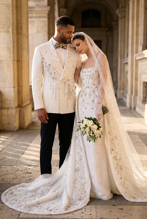 Alabaster Cascade - White Crystal Fringe Tuxedo