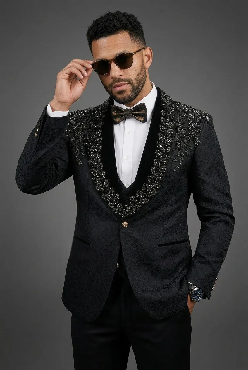 Jet Zenith - Black Jacquard & Heavy Crystal 3-Piece Tuxedo