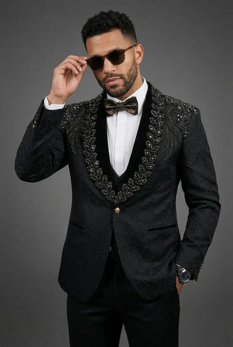 Jet Zenith - Black Jacquard & Heavy Crystal 3-Piece Tuxedo