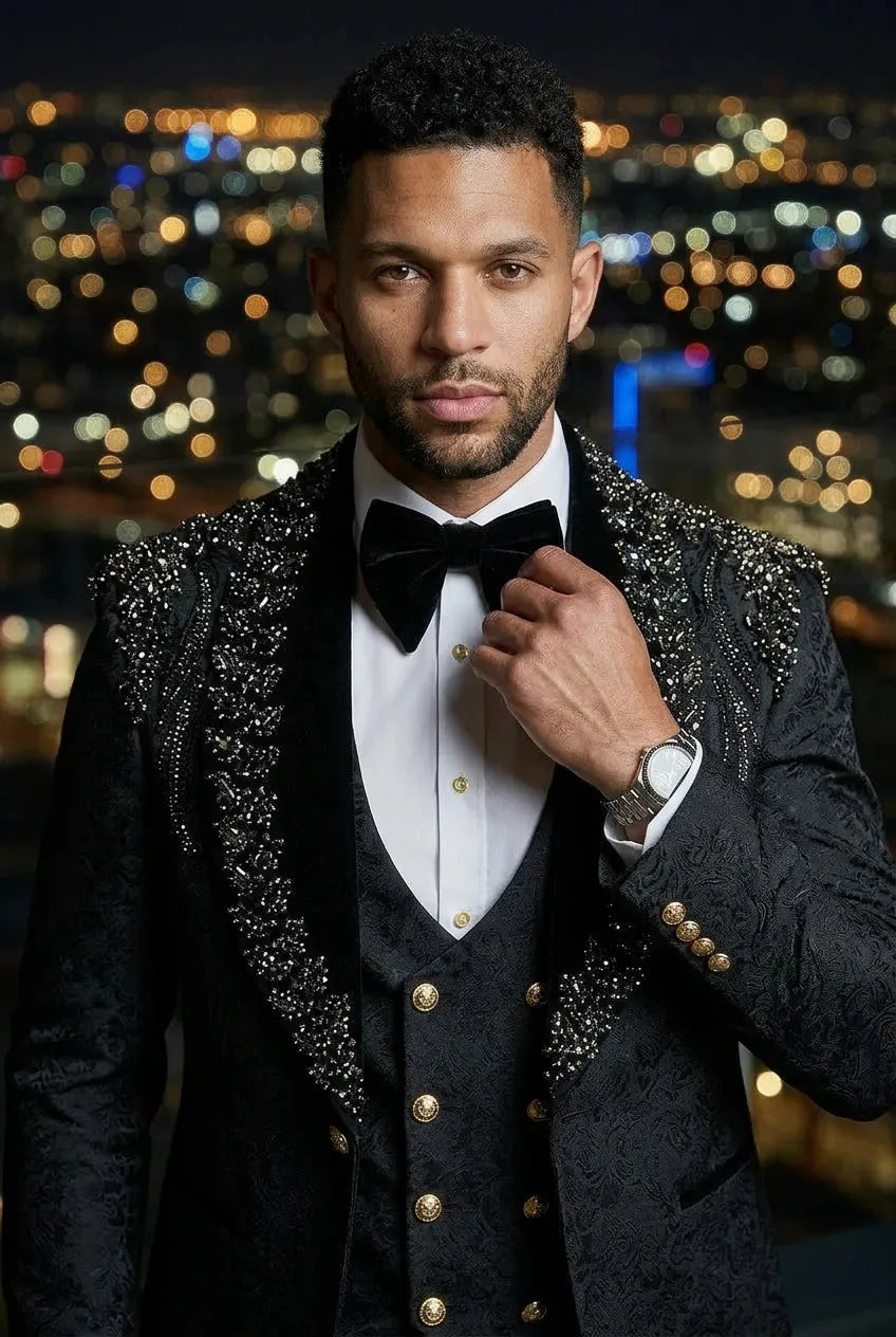 Jet Zenith - Black Jacquard & Heavy Crystal 3-Piece Tuxedo