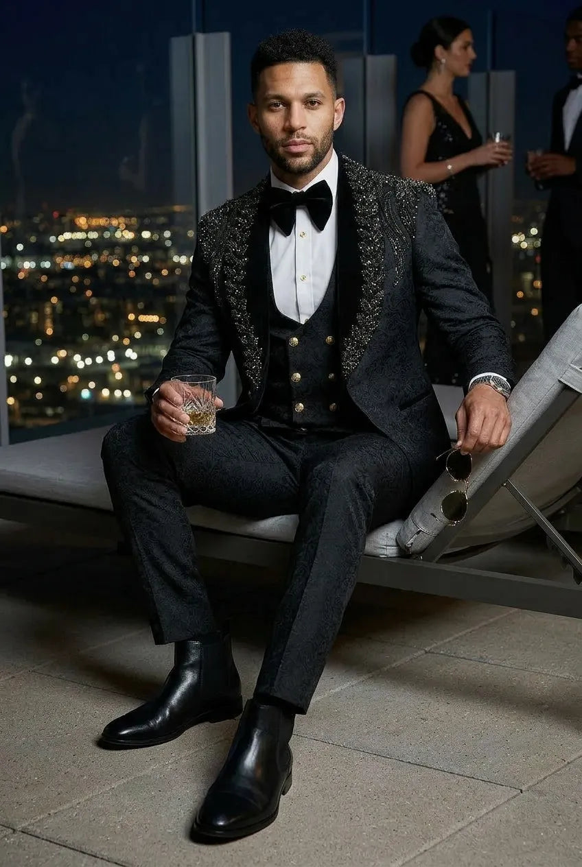 Jet Zenith - Black Jacquard & Heavy Crystal 3-Piece Tuxedo