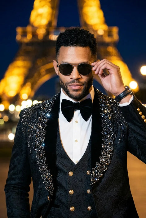 Jet Zenith - Black Jacquard & Heavy Crystal 3-Piece Tuxedo