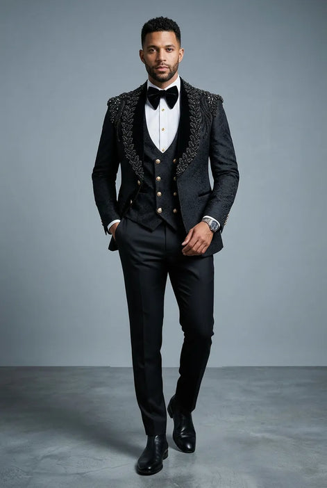 Jet Zenith - Black Jacquard & Heavy Crystal 3-Piece Tuxedo